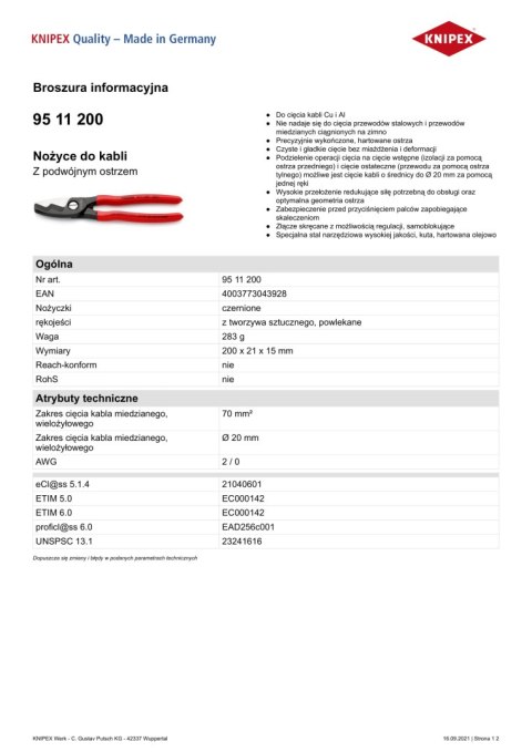 KNIPEX NOŻYCE DO KABLI 200MM KNIPEX NOŻYCE DO KABLI 200MM