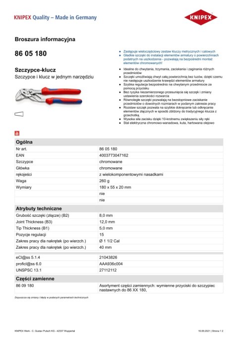 KNIPEX SZCZYPCE-KLUCZ 180MM KNIPEX SZCZYPCE-KLUCZ 180MM